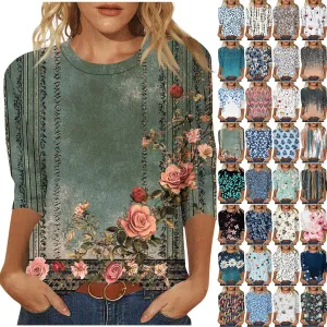 3/4 Length Sleeve Womens Tops Round Neck Cute Tunic Vintage Boho Floral Print T Shirt Loose Basic Tees Blouses