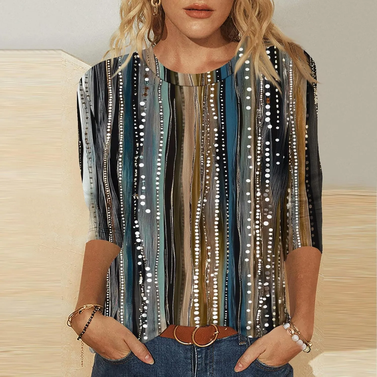 3/4 Length Sleeve Womens Tops Round Neck Cute Tunic Vintage Boho Floral Print T Shirt Loose Basic Tees Blouses