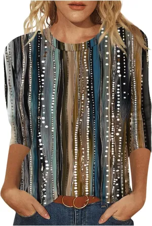 3/4 Length Sleeve Womens Tops Round Neck Cute Tunic Vintage Boho Floral Print T Shirt Loose Basic Tees Blouses