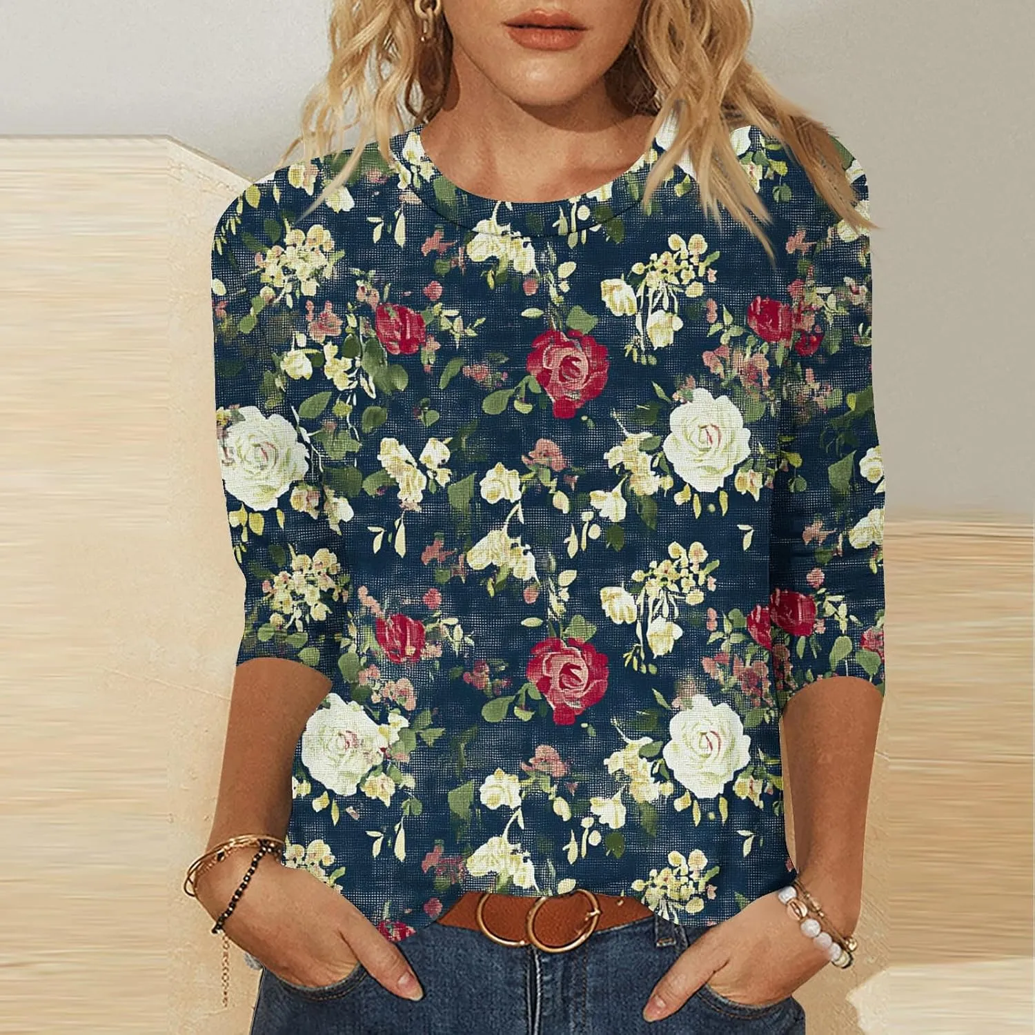 3/4 Length Sleeve Womens Tops Round Neck Cute Tunic Vintage Boho Floral Print T Shirt Loose Basic Tees Blouses