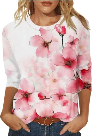 3/4 Length Sleeve Womens Tops Round Neck Cute Tunic Vintage Boho Floral Print T Shirt Loose Basic Tees Blouses
