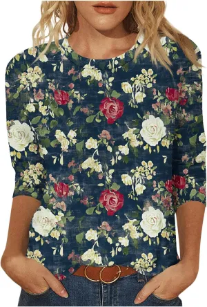 3/4 Length Sleeve Womens Tops Round Neck Cute Tunic Vintage Boho Floral Print T Shirt Loose Basic Tees Blouses