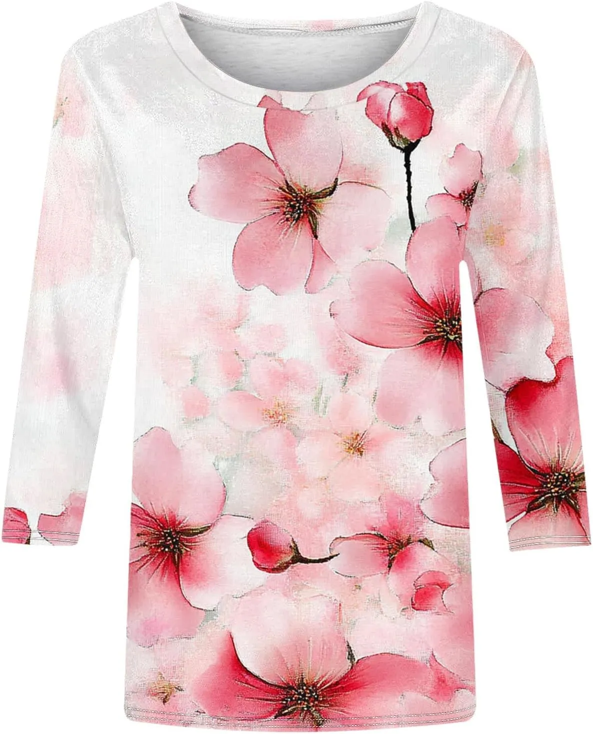 3/4 Length Sleeve Womens Tops Round Neck Cute Tunic Vintage Boho Floral Print T Shirt Loose Basic Tees Blouses