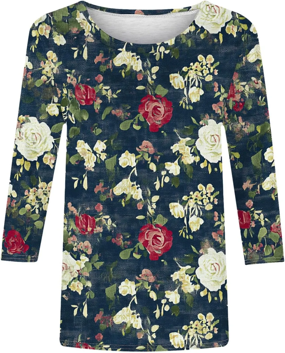 3/4 Length Sleeve Womens Tops Round Neck Cute Tunic Vintage Boho Floral Print T Shirt Loose Basic Tees Blouses