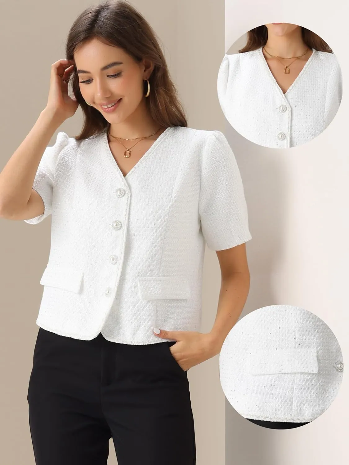 Allegra K Cropped Blazer for Women's Tweed Collarless Short Sleeve Blazer Jacket