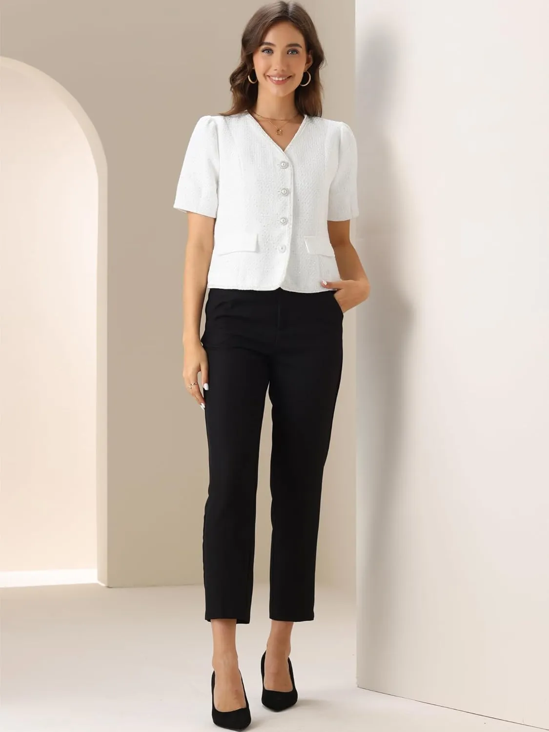 Allegra K Cropped Blazer for Women's Tweed Collarless Short Sleeve Blazer Jacket