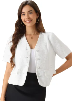 Allegra K Cropped Blazer for Women's Tweed Collarless Short Sleeve Blazer Jacket