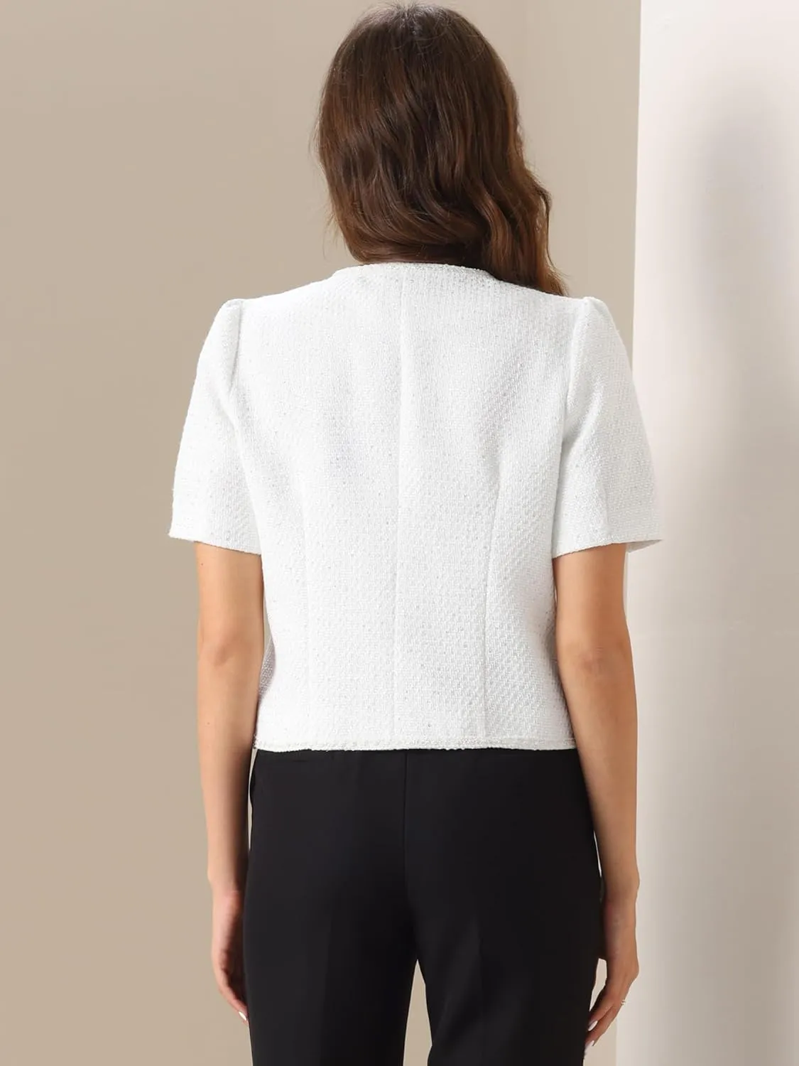 Allegra K Cropped Blazer for Women's Tweed Collarless Short Sleeve Blazer Jacket