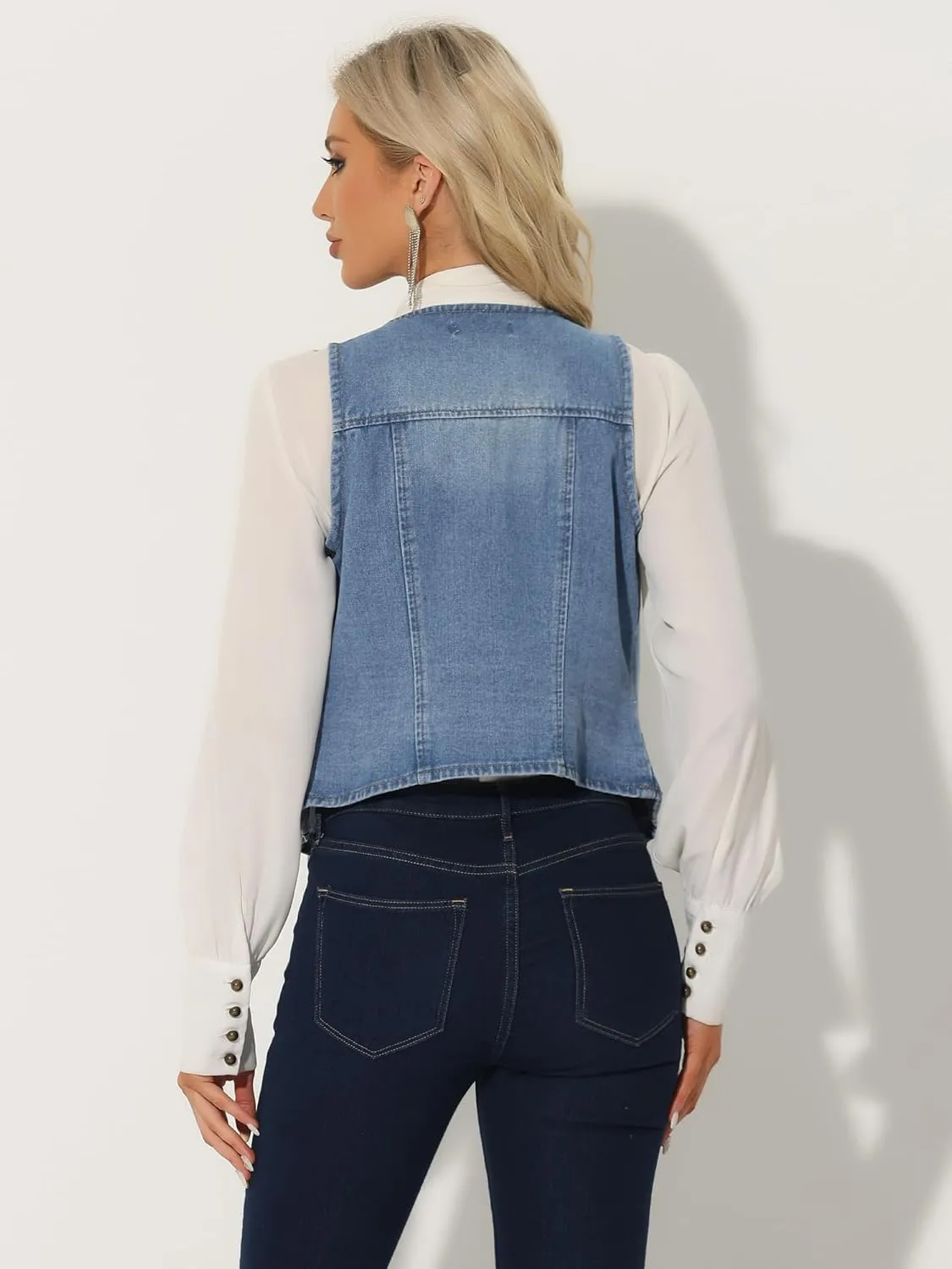 Allegra K Denim Vest for Women's Sleeveless V Neck Washed Distressed Jean Jacket