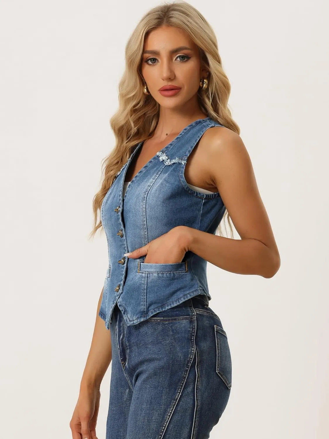 Allegra K Denim Vest for Women's Sleeveless V Neck Washed Distressed Jean Jacket