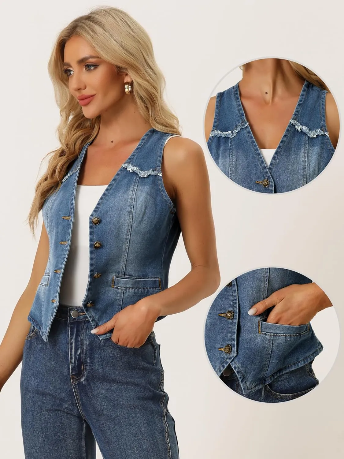 Allegra K Denim Vest for Women's Sleeveless V Neck Washed Distressed Jean Jacket
