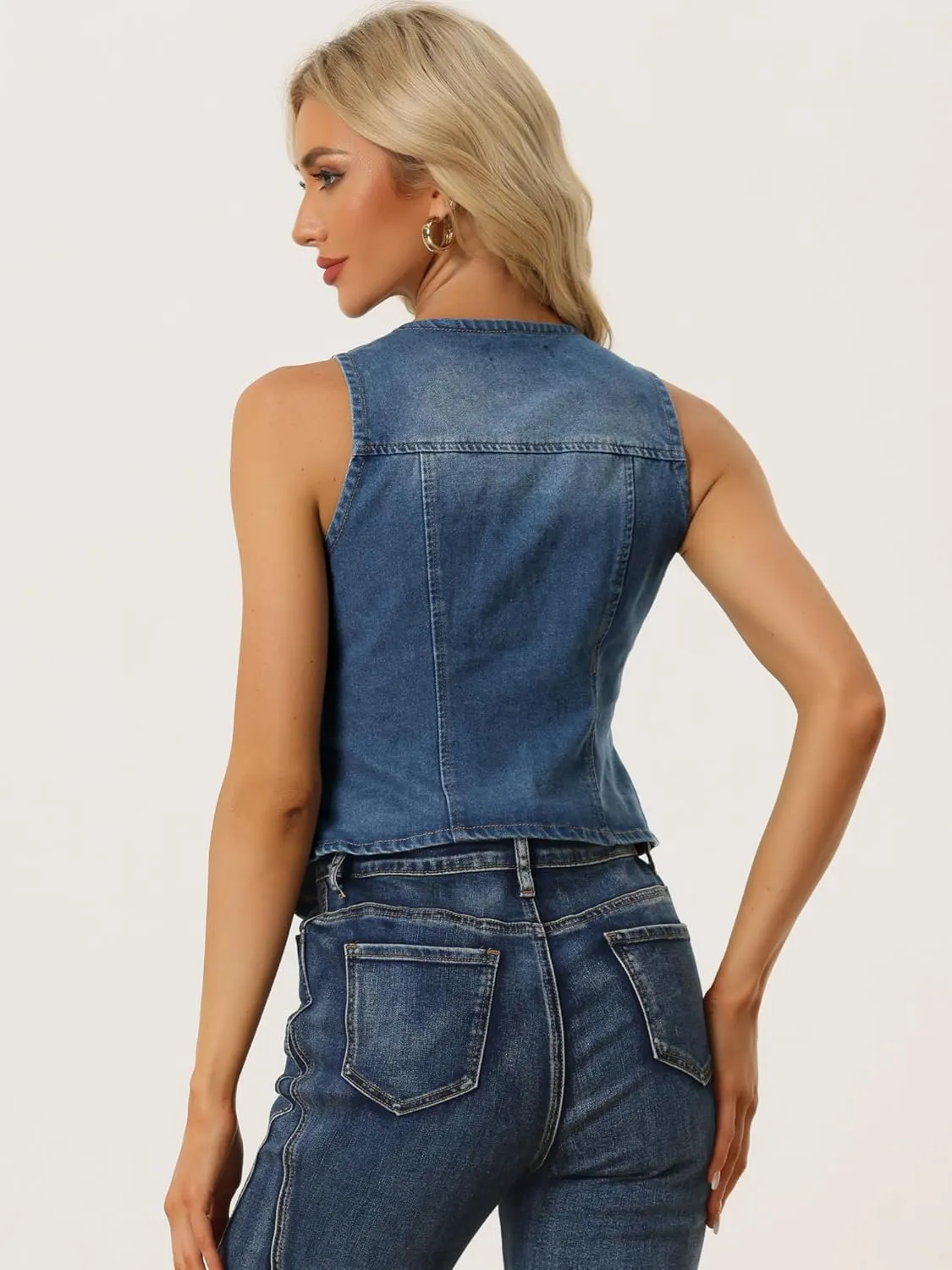 Allegra K Denim Vest for Women's Sleeveless V Neck Washed Distressed Jean Jacket