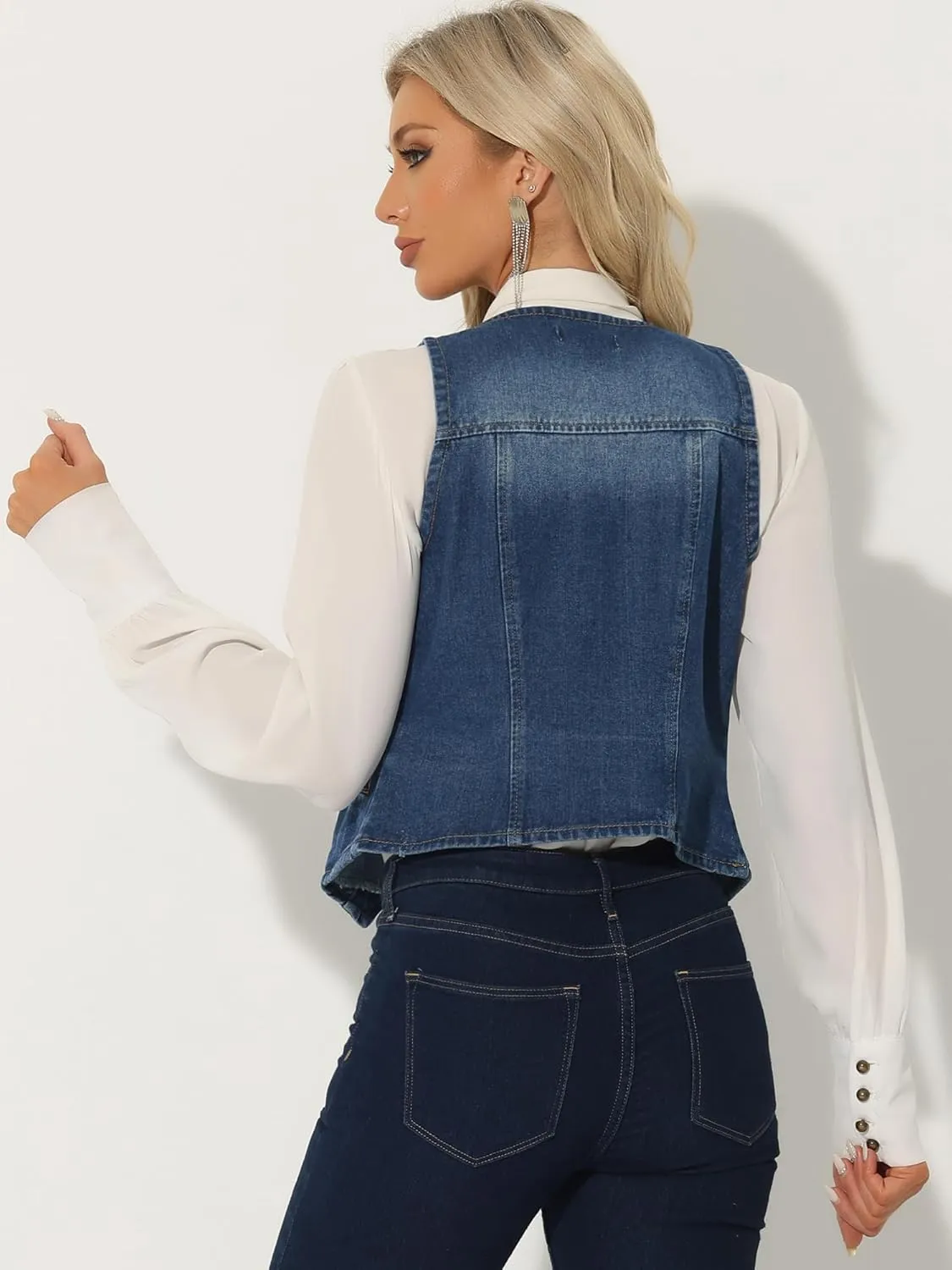 Allegra K Denim Vest for Women's Sleeveless V Neck Washed Distressed Jean Jacket