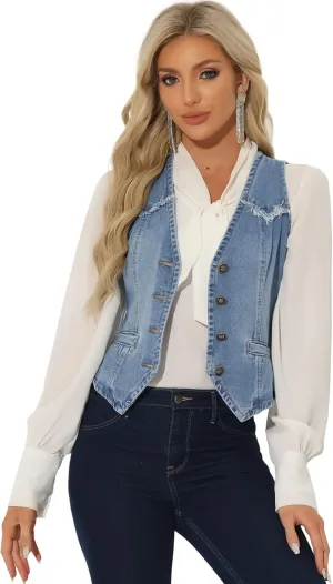 Allegra K Denim Vest for Women's Sleeveless V Neck Washed Distressed Jean Jacket