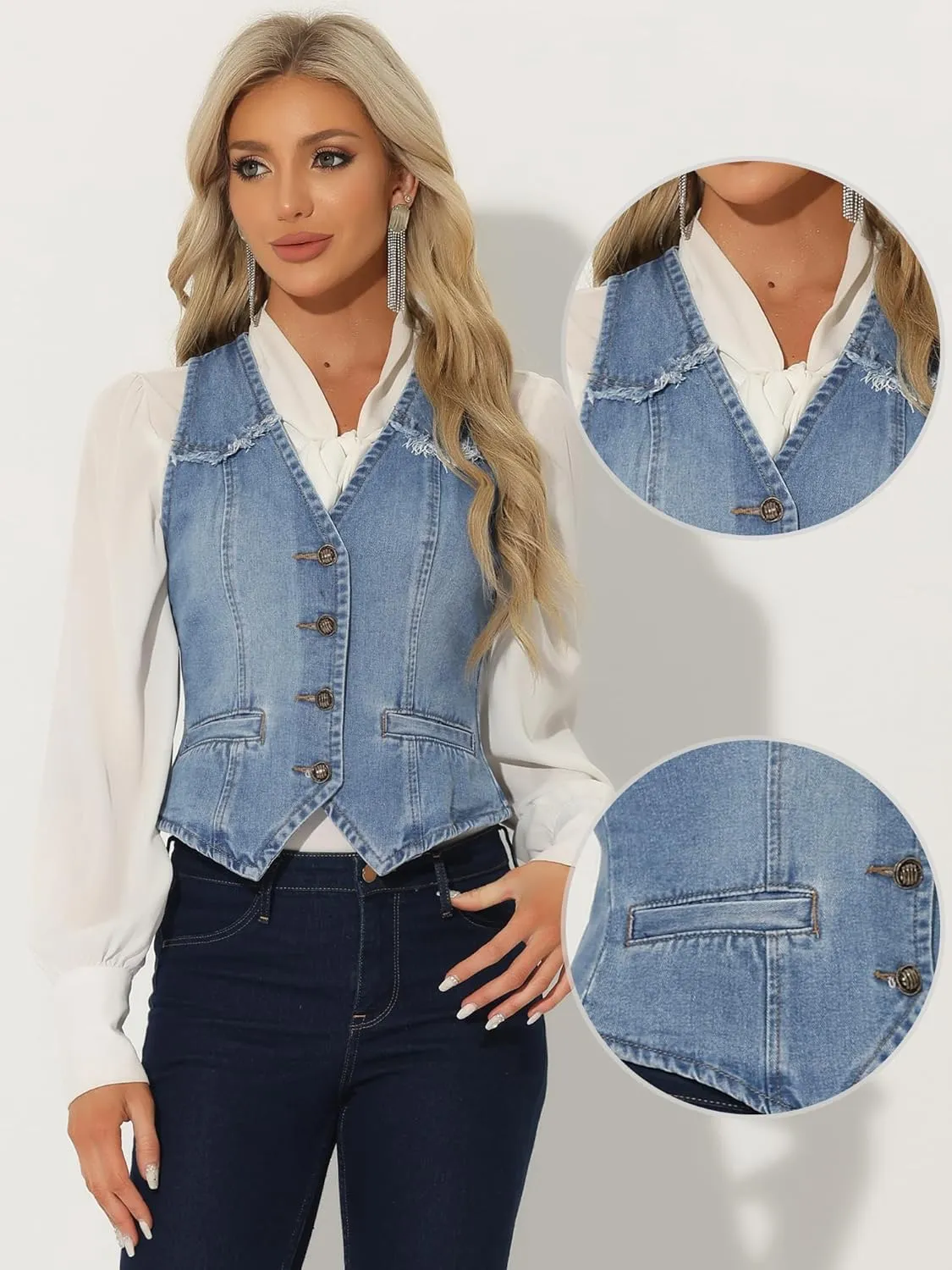 Allegra K Denim Vest for Women's Sleeveless V Neck Washed Distressed Jean Jacket