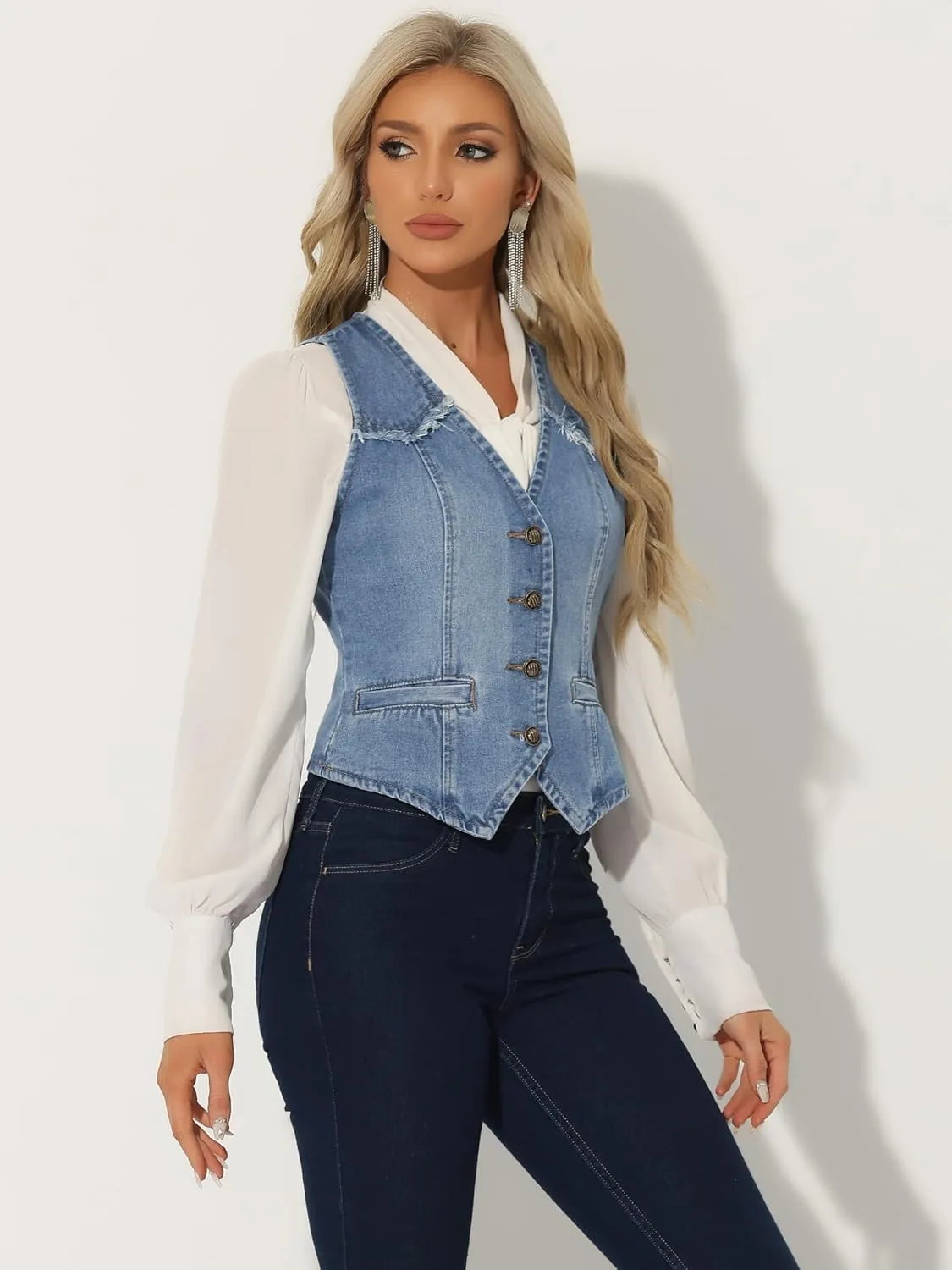 Allegra K Denim Vest for Women's Sleeveless V Neck Washed Distressed Jean Jacket