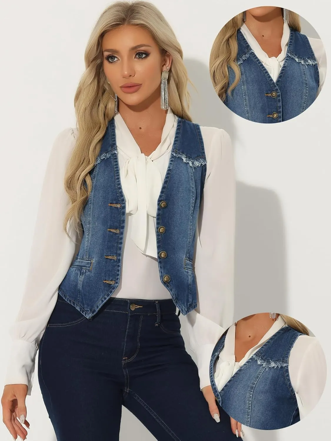Allegra K Denim Vest for Women's Sleeveless V Neck Washed Distressed Jean Jacket