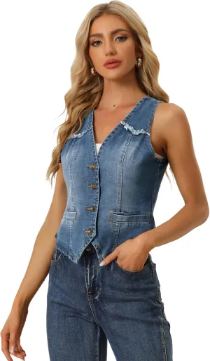 Allegra K Denim Vest for Women's Sleeveless V Neck Washed Distressed Jean Jacket