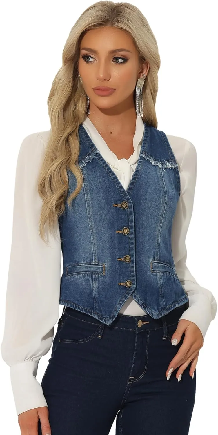 Allegra K Denim Vest for Women's Sleeveless V Neck Washed Distressed Jean Jacket