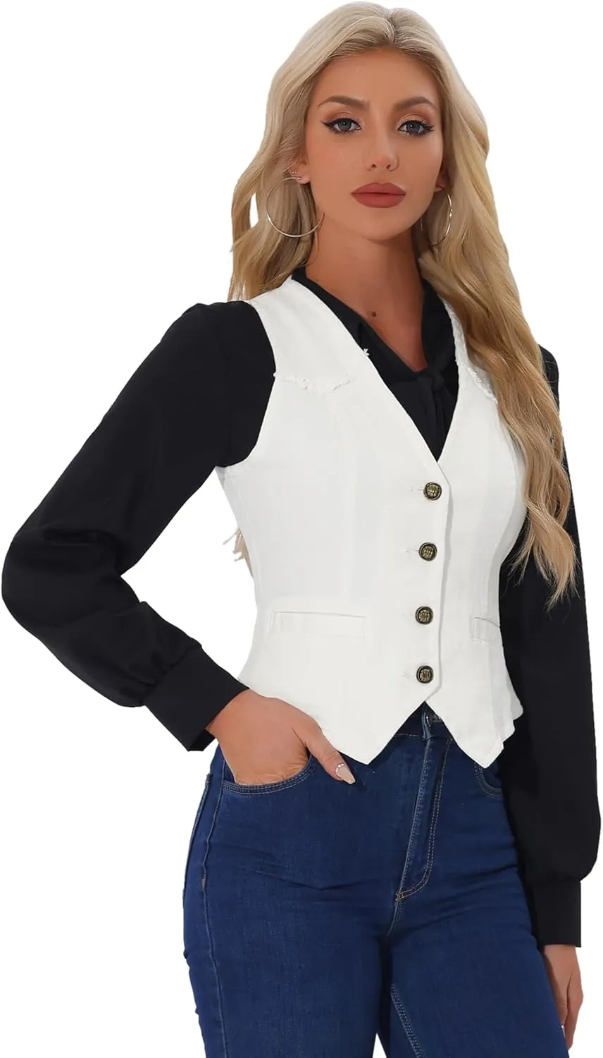 Allegra K Denim Vest for Women's Sleeveless V Neck Washed Distressed Jean Jacket