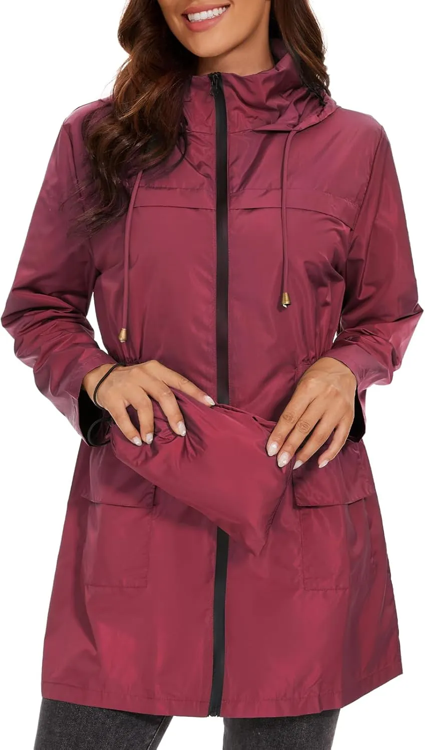 American Trends Rain Jacket Women Waterproof with Hood Windbreaker Jacket Travel Rain Coat Packable Lightweight Long Raincoat