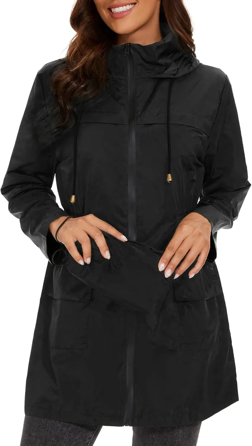 American Trends Rain Jacket Women Waterproof with Hood Windbreaker Jacket Travel Rain Coat Packable Lightweight Long Raincoat