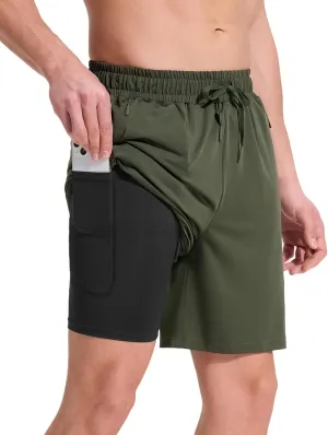 baleaf 7 Inch Swimming Trunks for Men Swim Shorts with Compression Liner Bathing Suit Board Shorts Quick Dry Swimsuit with Zippered Pockets Army Green 2XL