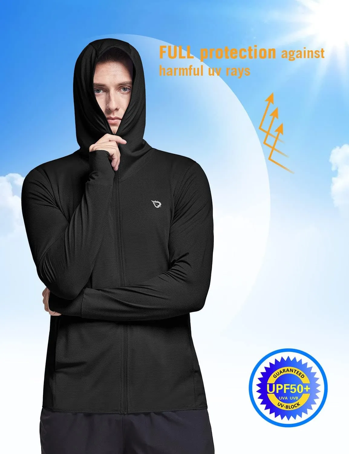 baleaf Men's UPF 50  Full Zip Light Jacket Hooded Long Sleeve Cooling Shirt with Pocket Hiking Fishing Outdoor Performance