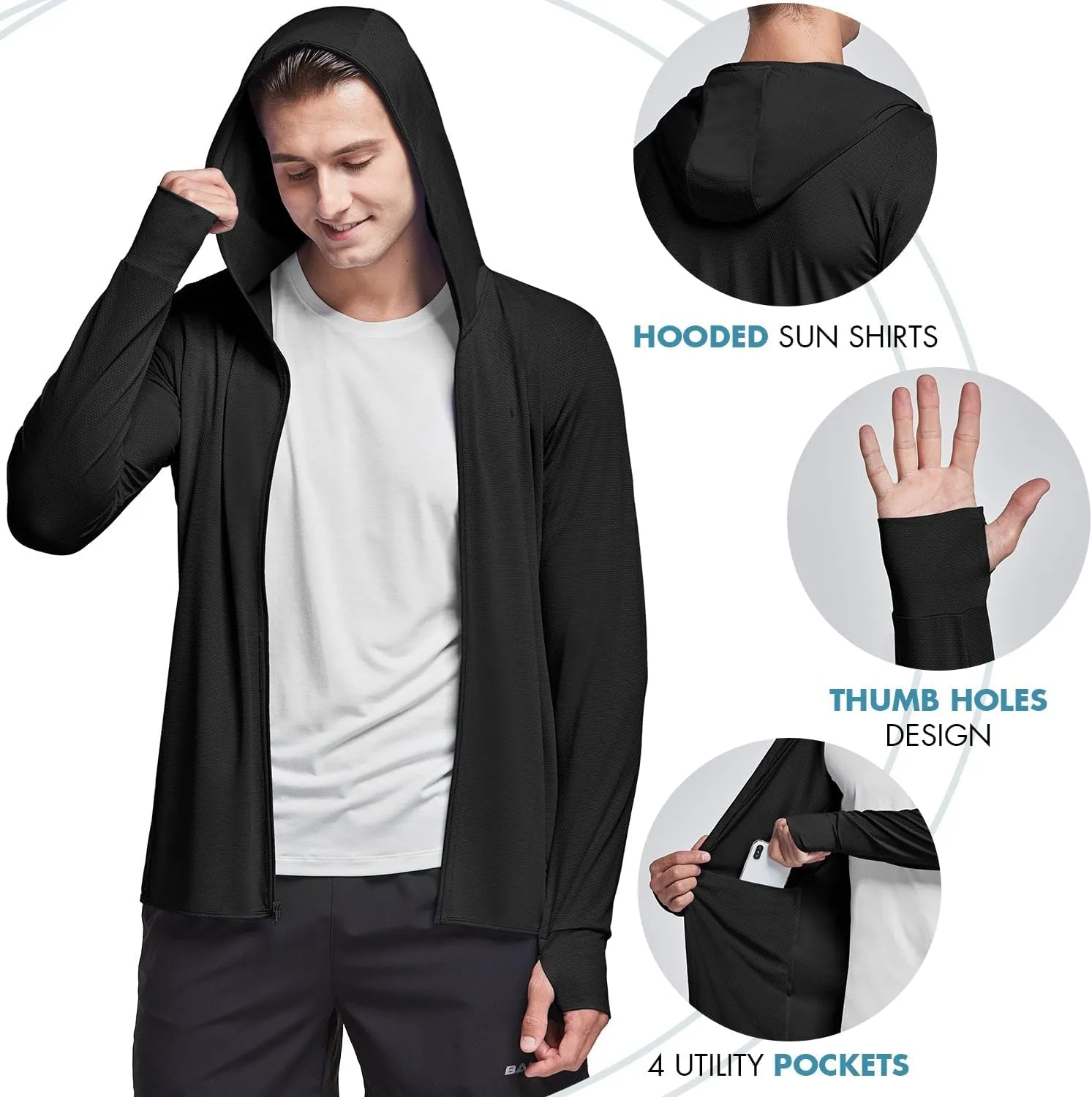 baleaf Men's UPF 50  Full Zip Light Jacket Hooded Long Sleeve Cooling Shirt with Pocket Hiking Fishing Outdoor Performance
