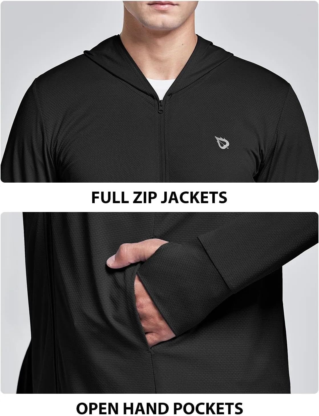 baleaf Men's UPF 50  Full Zip Light Jacket Hooded Long Sleeve Cooling Shirt with Pocket Hiking Fishing Outdoor Performance