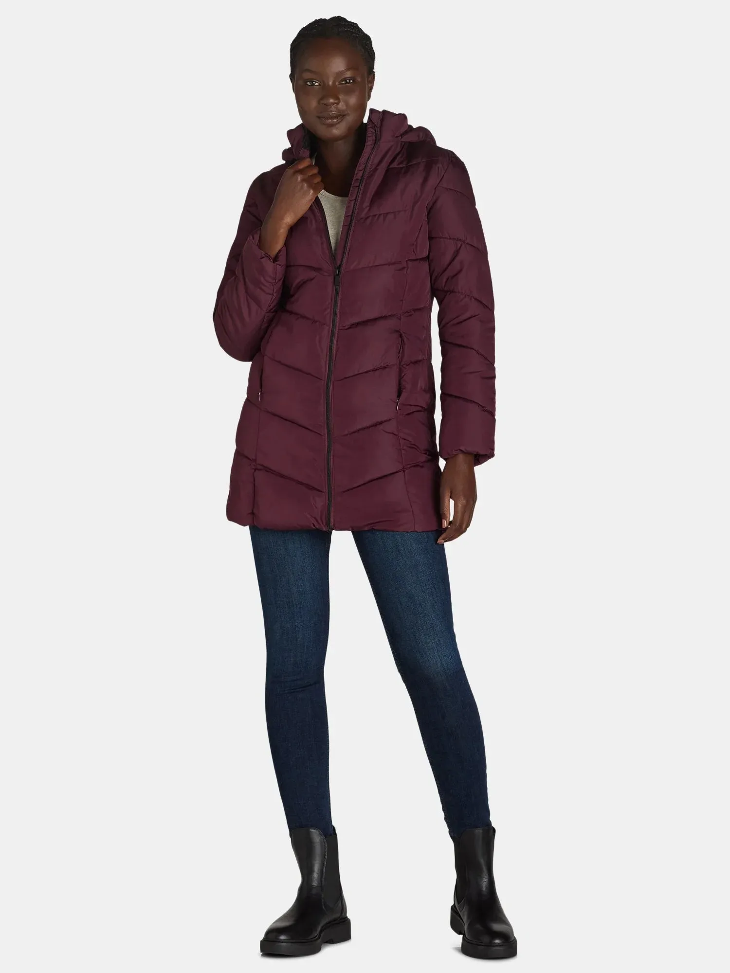Big Chill Women's and Women's Plus Chevron Quilted Puffer Jacket with Hood, Sizes S-3X