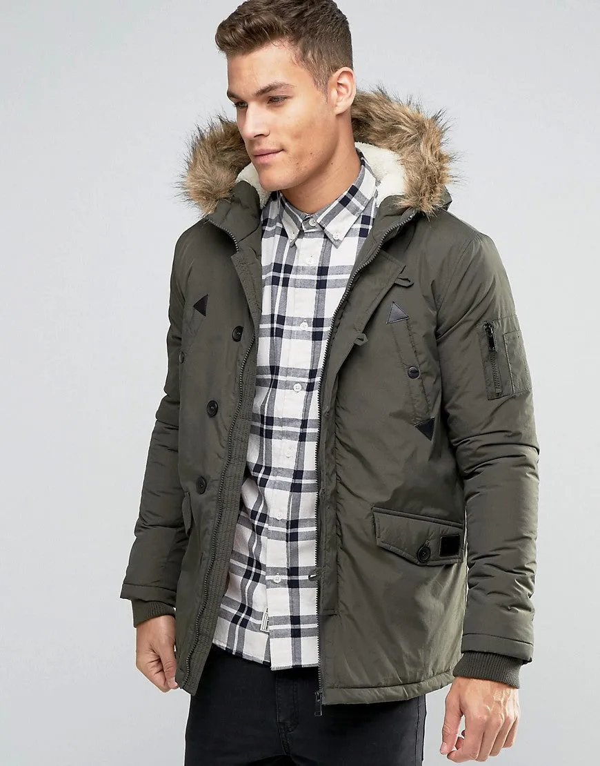 Brave Soul Parka Jacket with Faux Fur Trim Hood