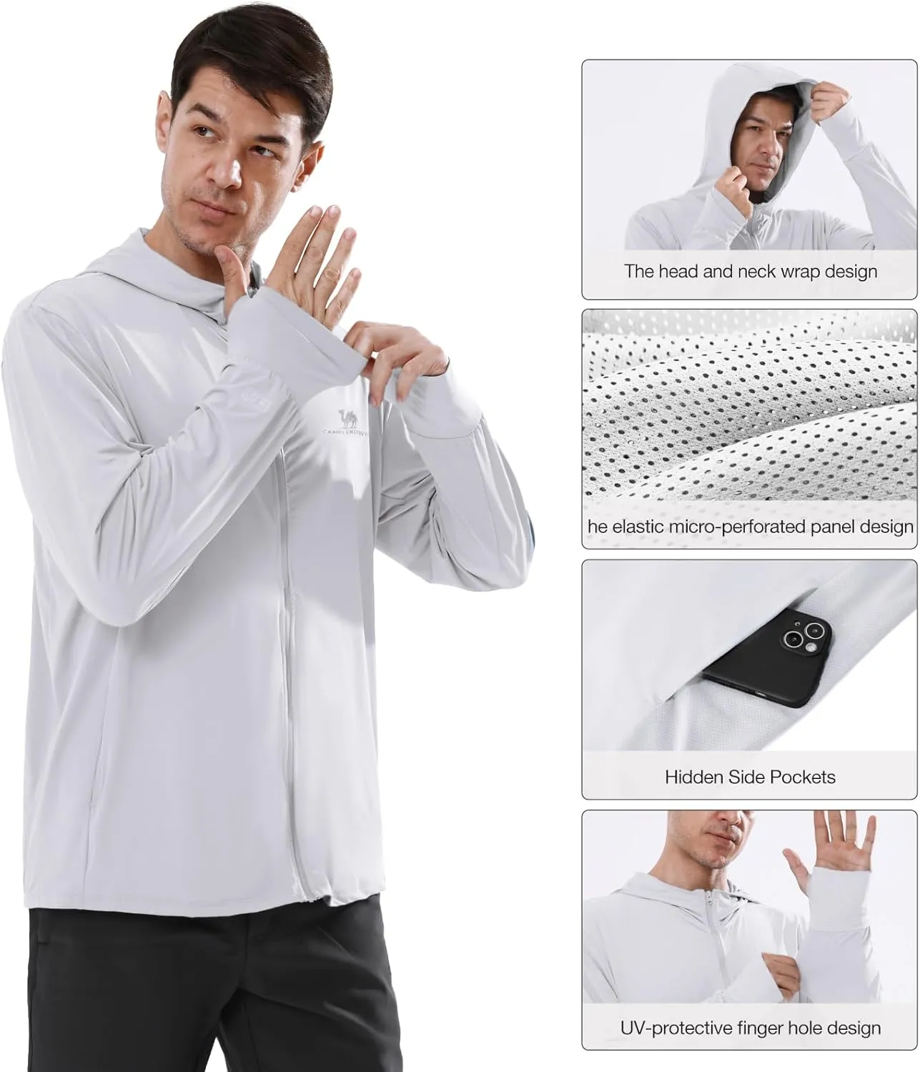 CAMEL CROWN Men's UPF 50  Long Sleeve Full Zip Shirt Mens Sun Hoodie SPF Uv Light Jacket Sun Protection Shirts Rash Guard