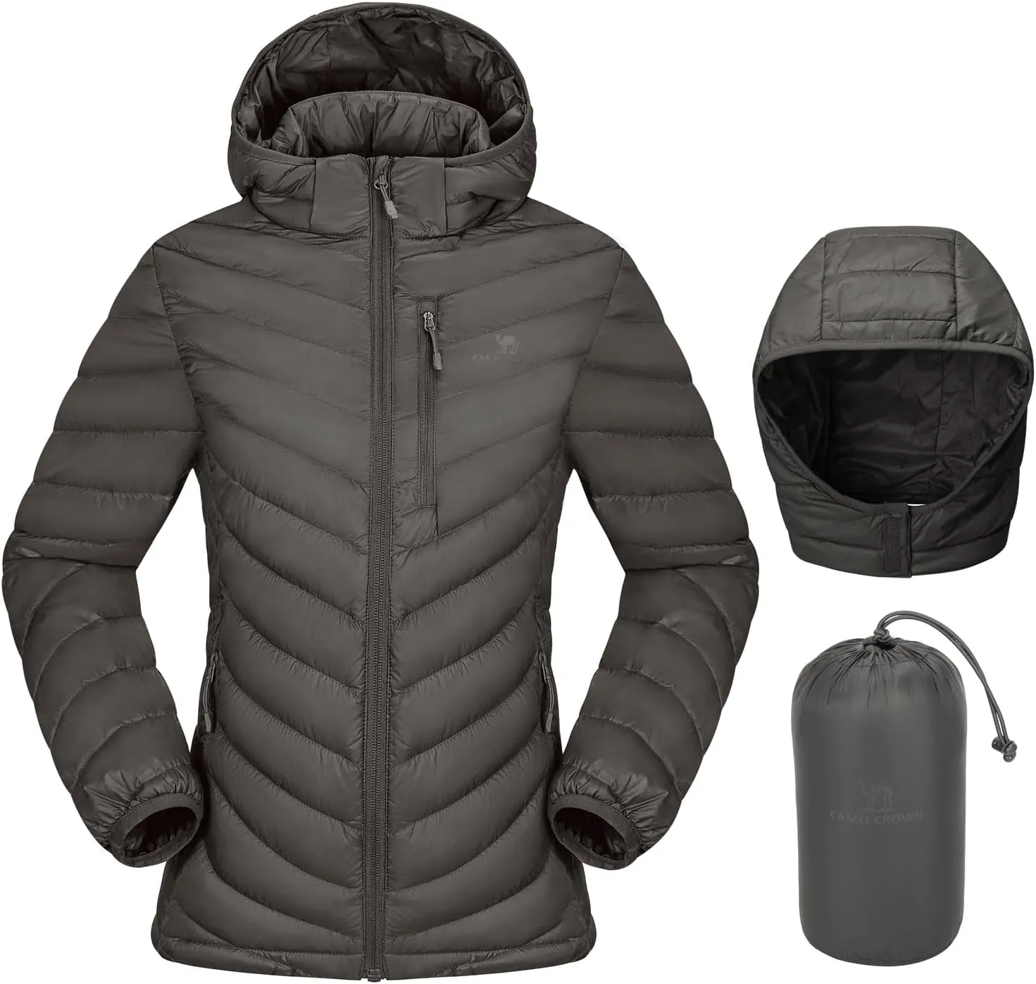 CAMEL CROWN Women's Down Jackets Lightweight Puffer Jackets Packable Quilted Winter Coat Hooded Outerwear With Chest Pocket Grey 3XL