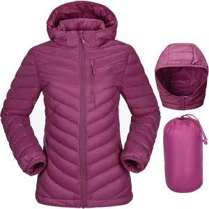 CAMEL CROWN Women's Down Jackets Lightweight Puffer Jackets Packable Quilted Winter Coat Hooded Outerwear With Chest Pocket Purple 2XL