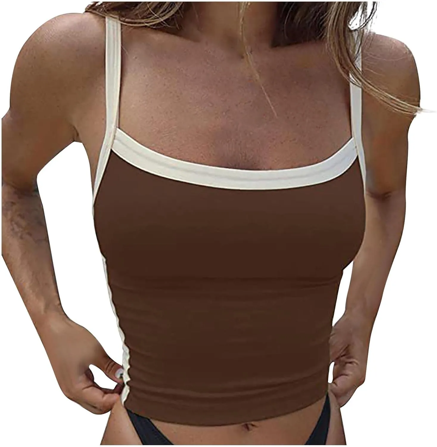 Color Block Tank Tops Women Sleeveless Crop Camisole Casual Slim Cropped Y2k Shirts Trendy Summer Square Neck Tees