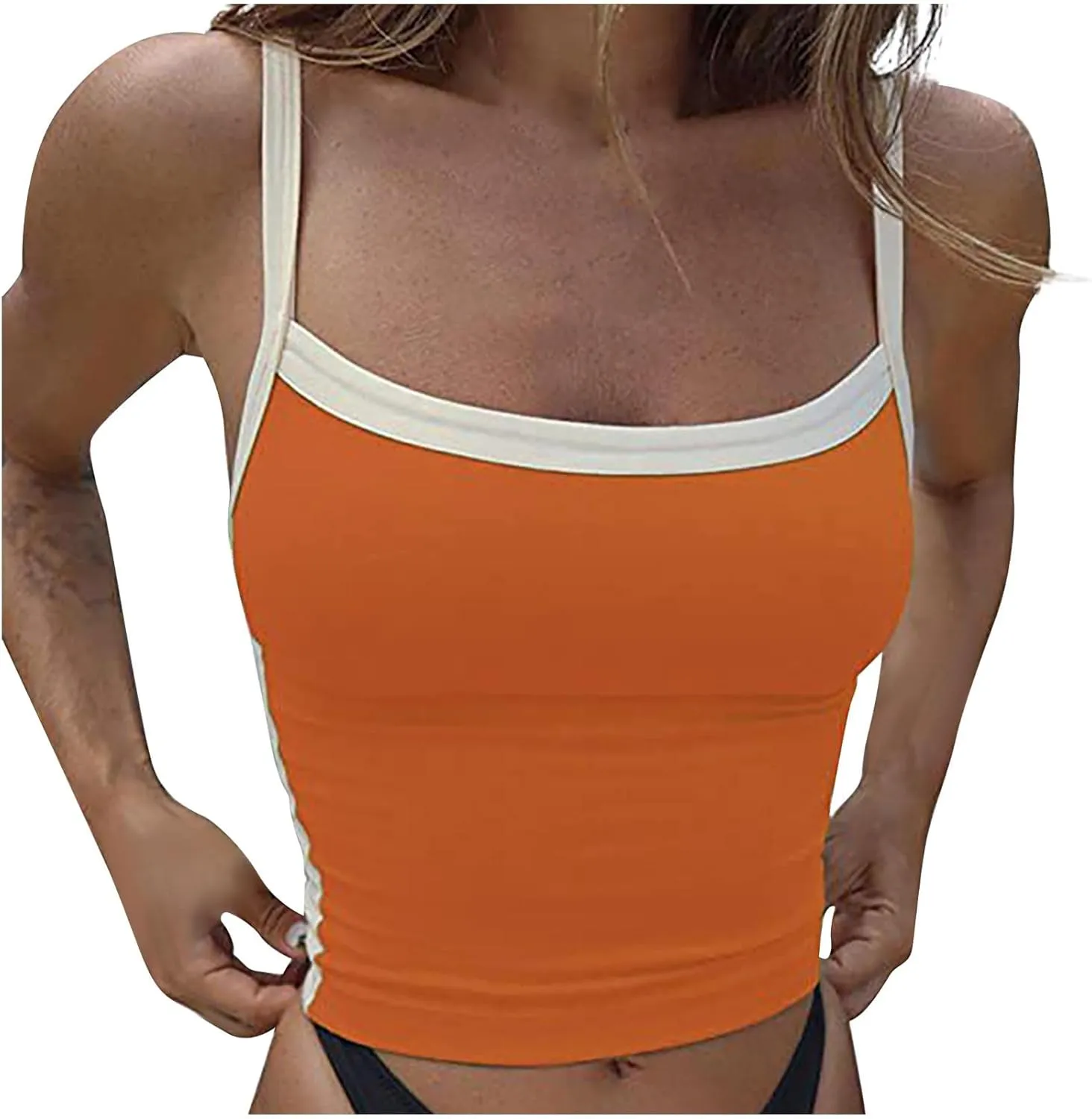 Color Block Tank Tops Women Sleeveless Crop Camisole Casual Slim Cropped Y2k Shirts Trendy Summer Square Neck Tees