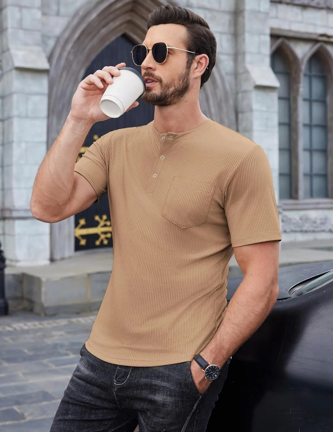 COOFANDY Mens Henley Shirts Short Sleeve Tshirt Basic Button Tees Summer Ribbed Pocket T Shirt Casual Stretch Tops