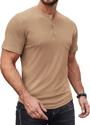 COOFANDY Mens Henley Shirts Short Sleeve Tshirt Basic Button Tees Summer Ribbed Pocket T Shirt Casual Stretch Tops