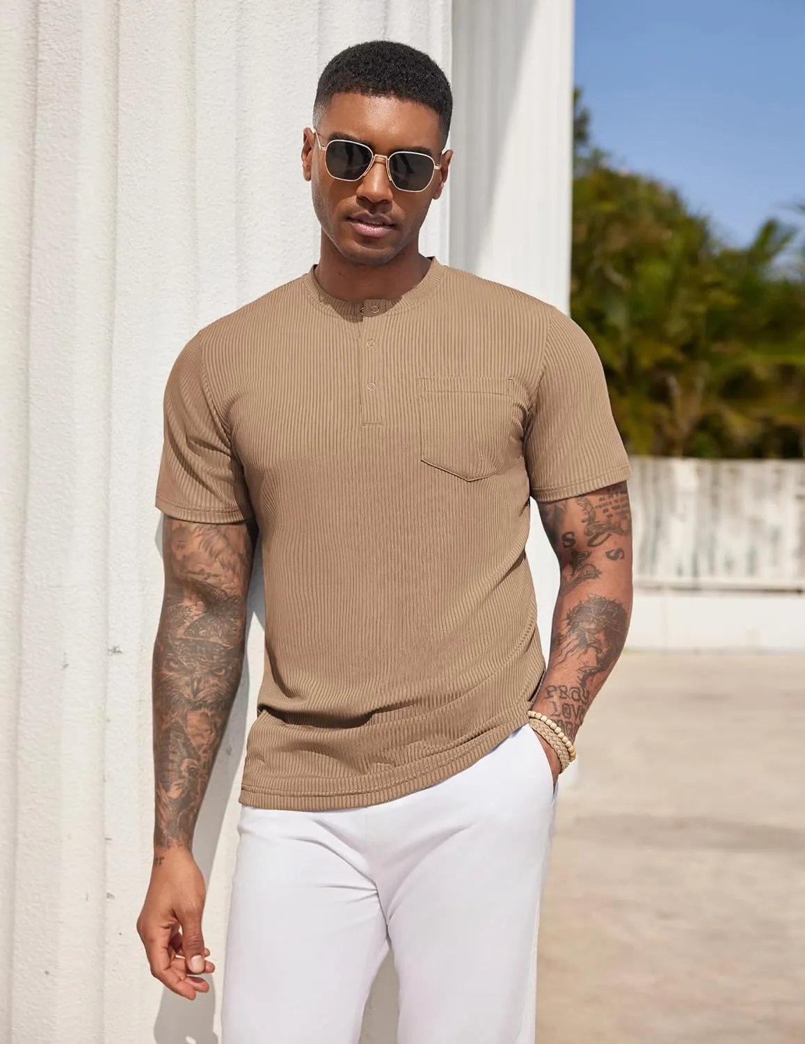 COOFANDY Mens Henley Shirts Short Sleeve Tshirt Basic Button Tees Summer Ribbed Pocket T Shirt Casual Stretch Tops