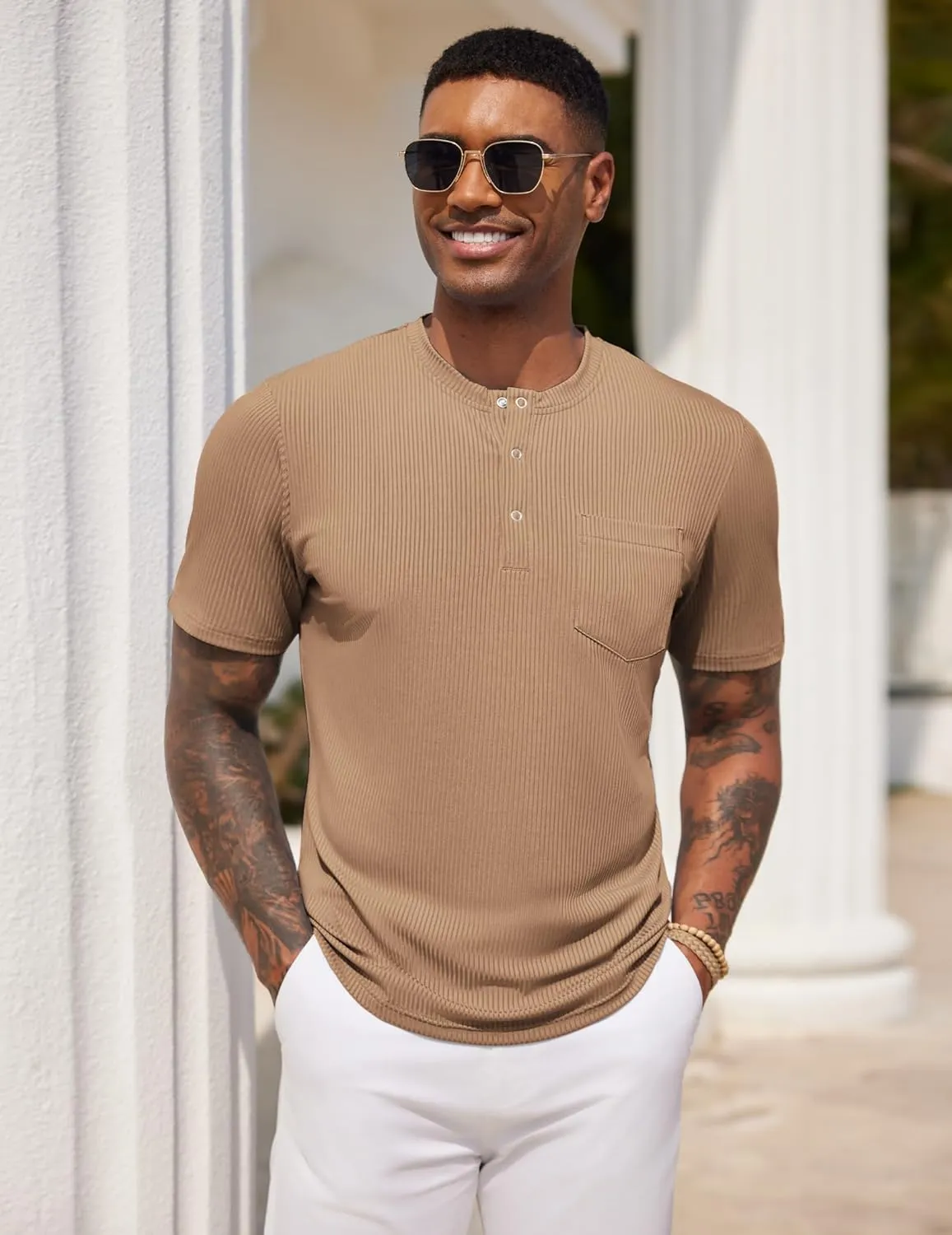 COOFANDY Mens Henley Shirts Short Sleeve Tshirt Basic Button Tees Summer Ribbed Pocket T Shirt Casual Stretch Tops