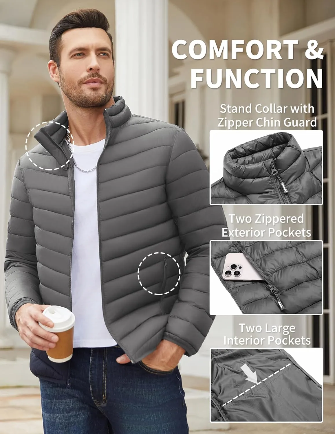 COOFANDY Men's Puffer Jacket Packable Lightweight Puffy Jackets with Zippered Pockets Down Alternative Winter Coat