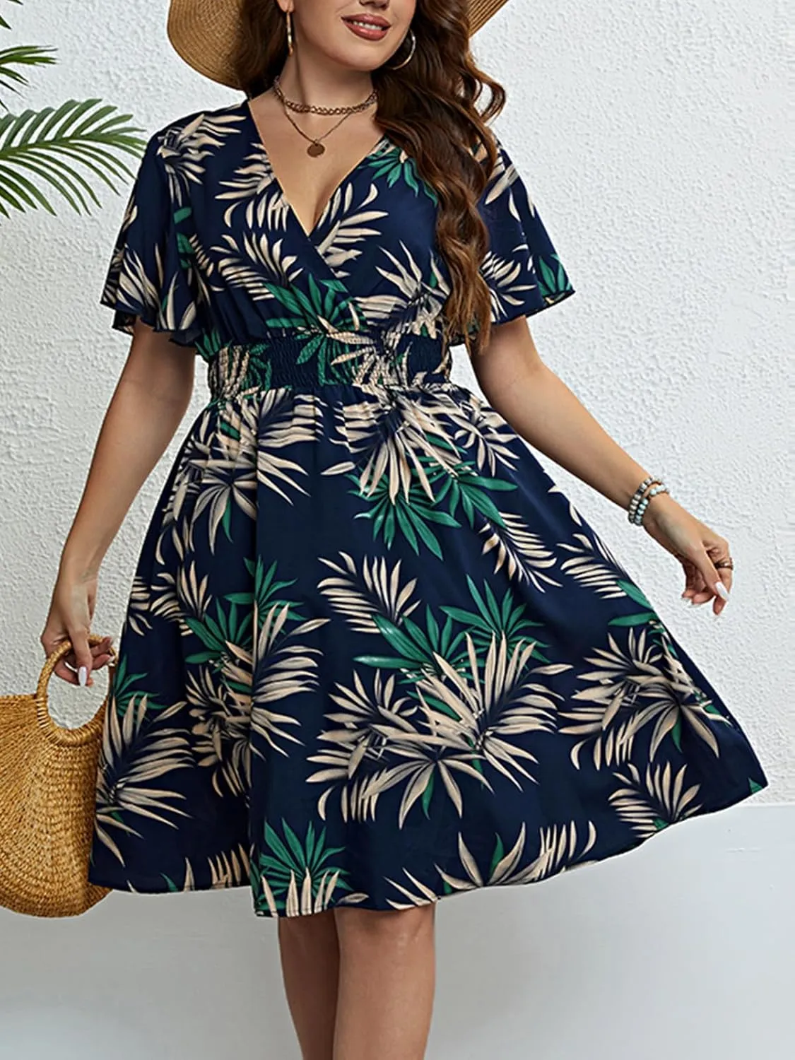 CUPSHE Womens Plus Size Dress 2024 Summer Midi Dresses Short Sleeve Elastic Waist Bohemian Sundress