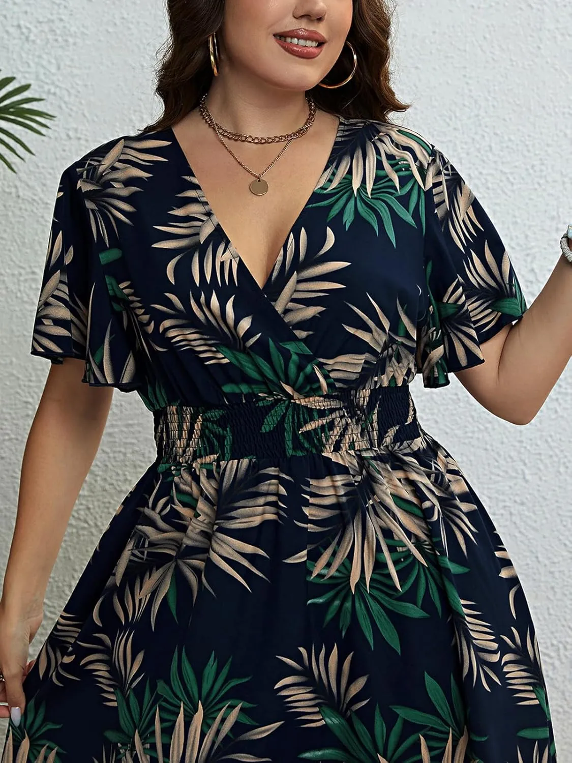 CUPSHE Womens Plus Size Dress 2024 Summer Midi Dresses Short Sleeve Elastic Waist Bohemian Sundress