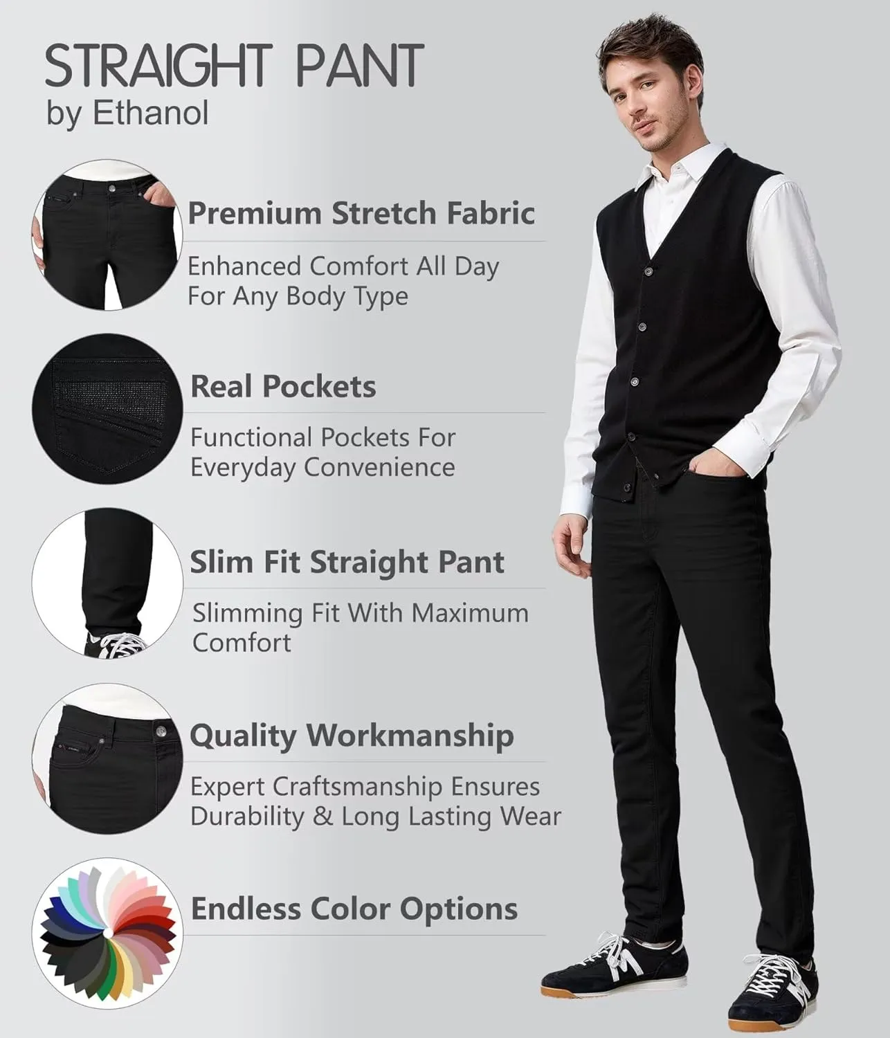 ETHANOL Men's Slim-Fit Comfort Stretch with 5 Pocket Design Straight Pants