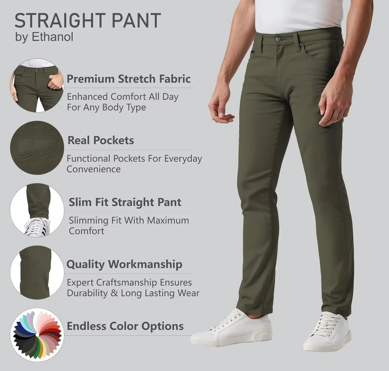 ETHANOL Men's Slim-Fit Comfort Stretch with 5 Pocket Design Straight Pants