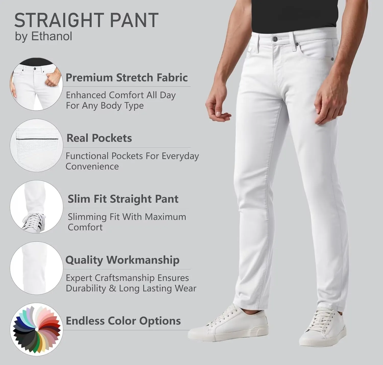 ETHANOL Men's Slim-Fit Comfort Stretch with 5 Pocket Design Straight Pants