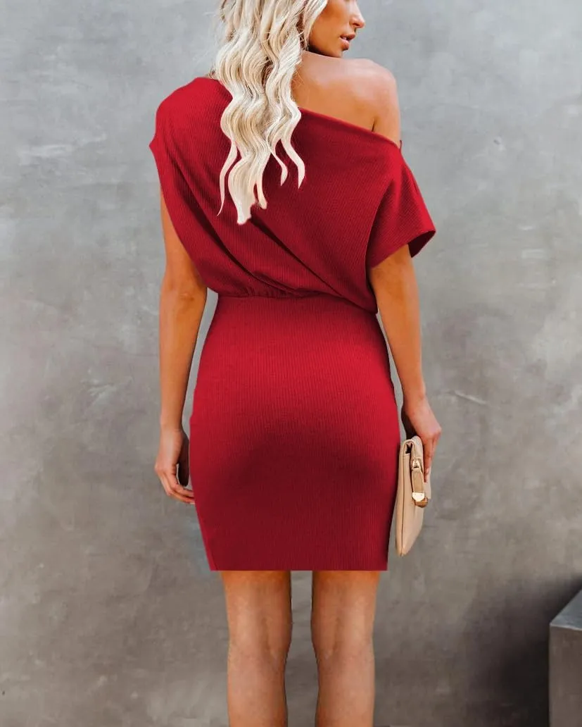 Ezbelle Women's Off The Shoulder Short Sleeve Ribbed Casual Summer HIPS-Wrapped Bodycon Party Mini Batwing Dress