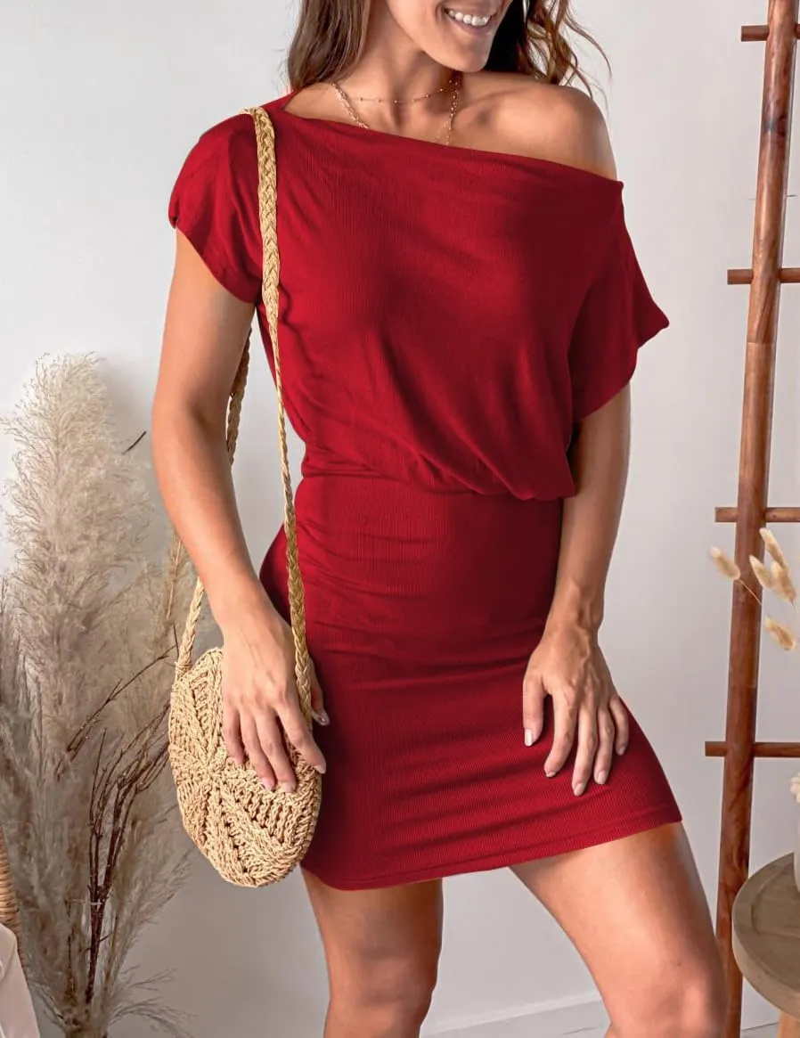 Ezbelle Women's Off The Shoulder Short Sleeve Ribbed Casual Summer HIPS-Wrapped Bodycon Party Mini Batwing Dress
