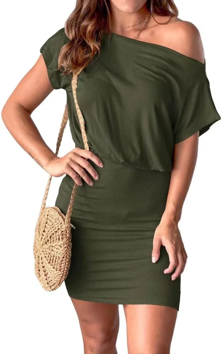 Ezbelle Women's Off The Shoulder Short Sleeve Ribbed Casual Summer HIPS-Wrapped Bodycon Party Mini Batwing Dress